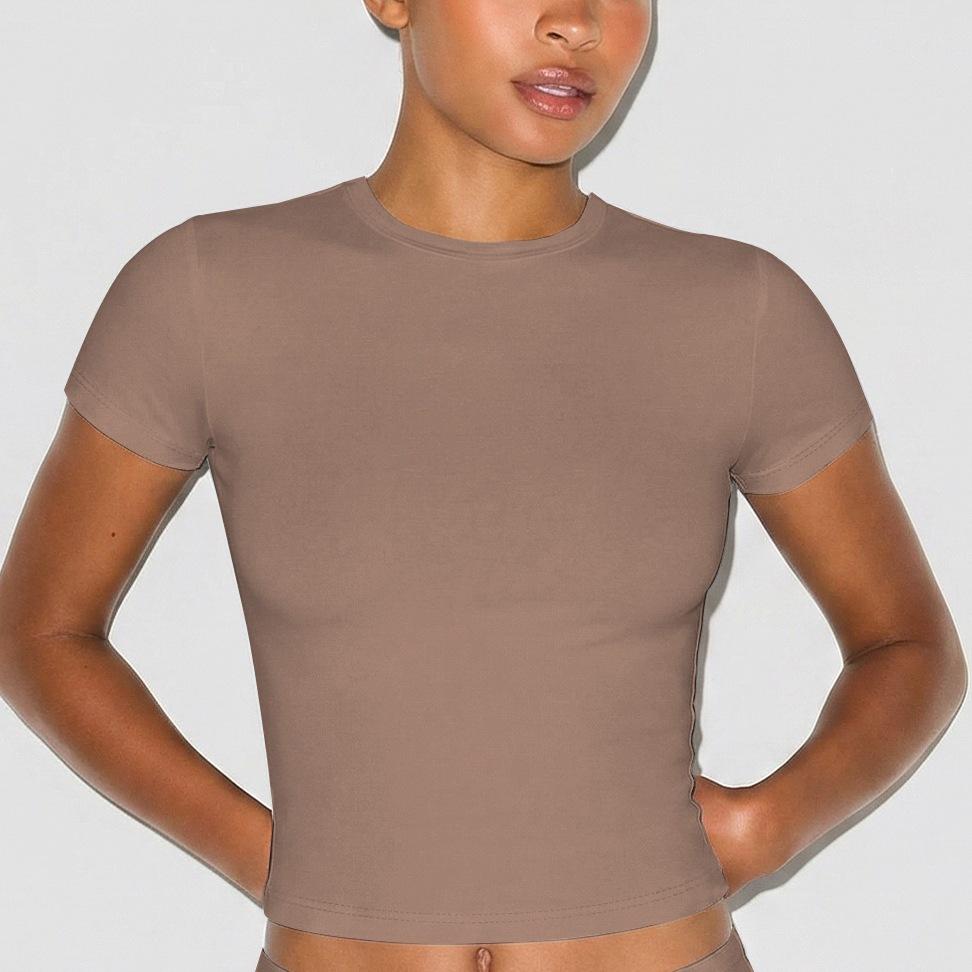 Cross-border new sports and leisure short-sleeved suit, European and American Spice Girls slim-fit elastic tight round neck front shoulder T-shirt top