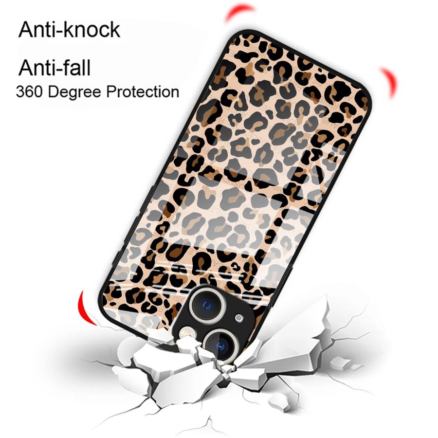Glass Phone Cover Case for iPhone 17 Pro Max Air 16 XR 13 11 8 15 Plus 12 14 Leopard Print