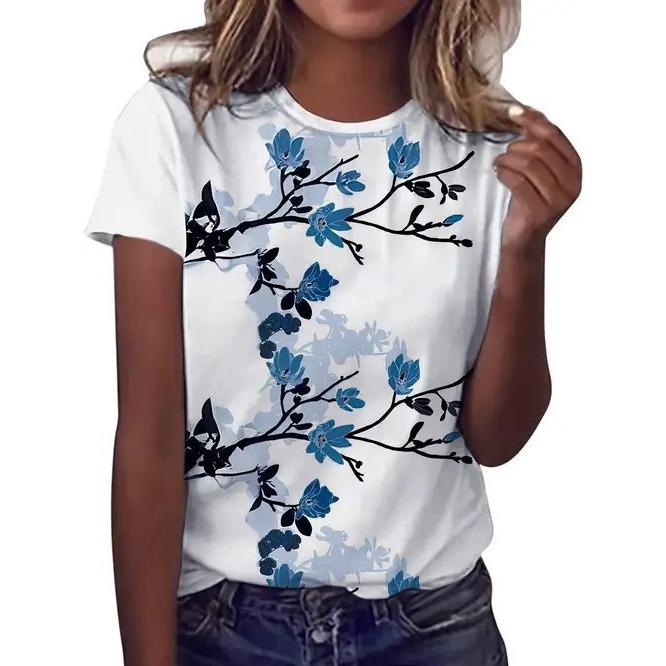 Summer Elegant Temperament Retro 3D Flower Pattern Printed Round Neck Short Sleeved Women's T-shirts