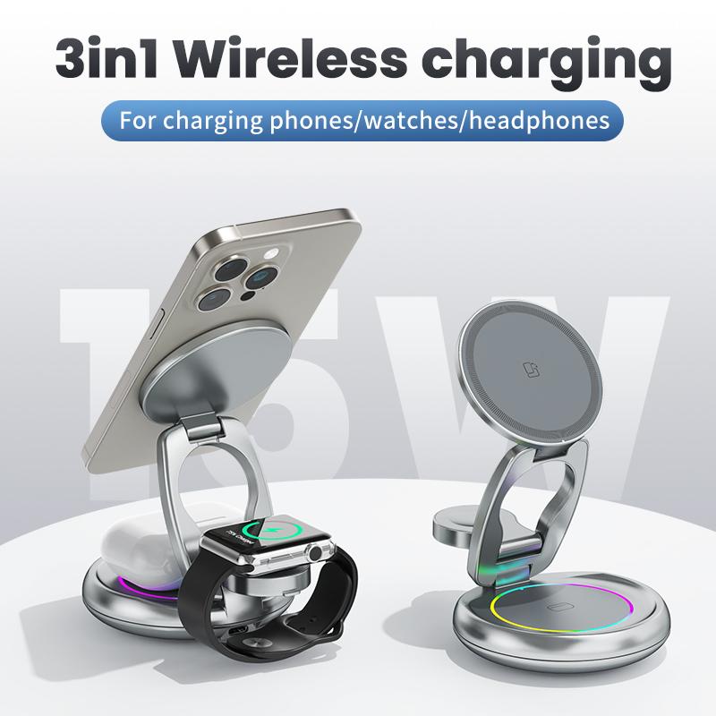 LFX-208 3-in-1 Wireless Charger 15W Fast Wireless Charging Stand for iPhone/Apple Watch/Airpods