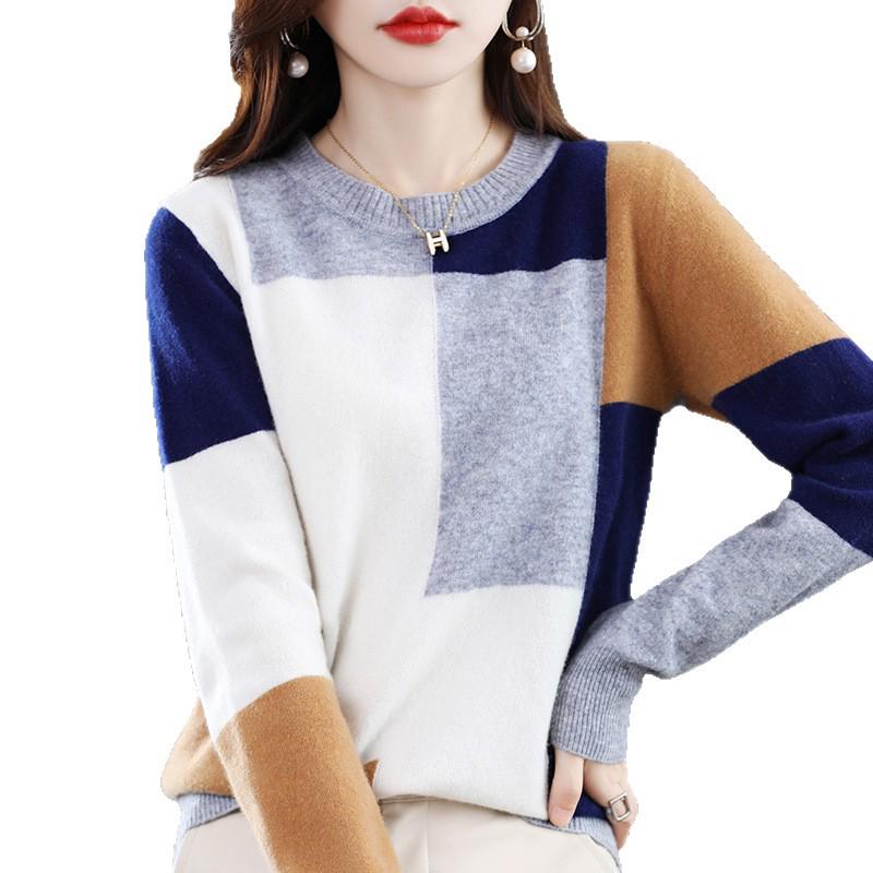 Women's 100% Pure Wool Patchwork Sweater - Round Neck Knitwear for Autumn/Winter 2025