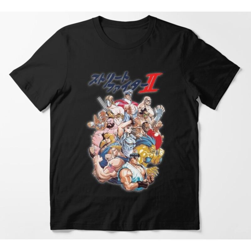Street Fighter Ii Full Character Print Tshirt Unisex Retro Game Short Sleeve Trendy Pure Cotton Loose Casual Streetwear Top