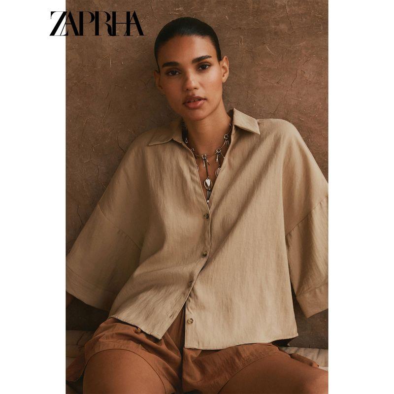 Zaprha2025 Summer New Retro Niche Width Short Sleeve V-neck Top Shirts Women Loose Feeling 8372225