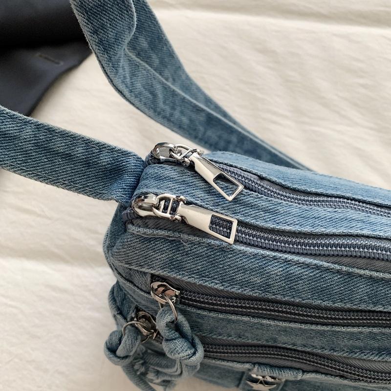 Retro Denim Crossbody Bag Multi Pocket Shoulder Purse with Star Decoration