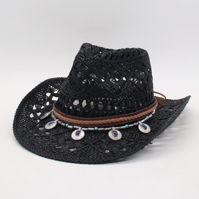 Spring And Summer New Hollow Cowboy Hat American Warped Edge Foreign Trade Hand-Woven Natural Grass Breathable Cool Jazz Top Hat