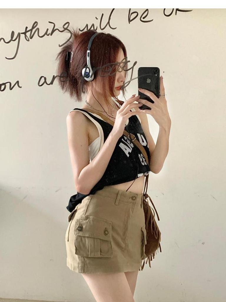 2023 Summer Khaki Denim Workwear Dress: Slimming American Style, High Waist A-Line Midi Skirt