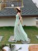 Summer New French Fresh Sweet Strappy Dress for Women Beach Vacation Outfit High Waist Midi Skirt