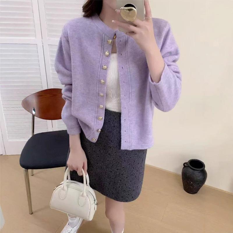 Early autumn new round neck knitted cardigan with top women's short versatile solid color soft waxy long-sleeved sweater jacket women