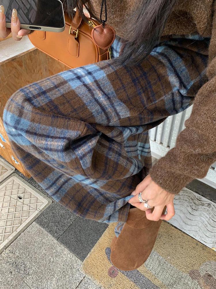 

Blue Wool Plaid Belly Support Pants for Pregnant Women - Autumn/Winter Plus Velvet, Straight Leg, Wide-Leg Drape, Retro Style M