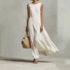 Women's Round Neck Sleeveless Loose Maxi Dress Casual Asymmetric Hem Linen Cotton Long Dress