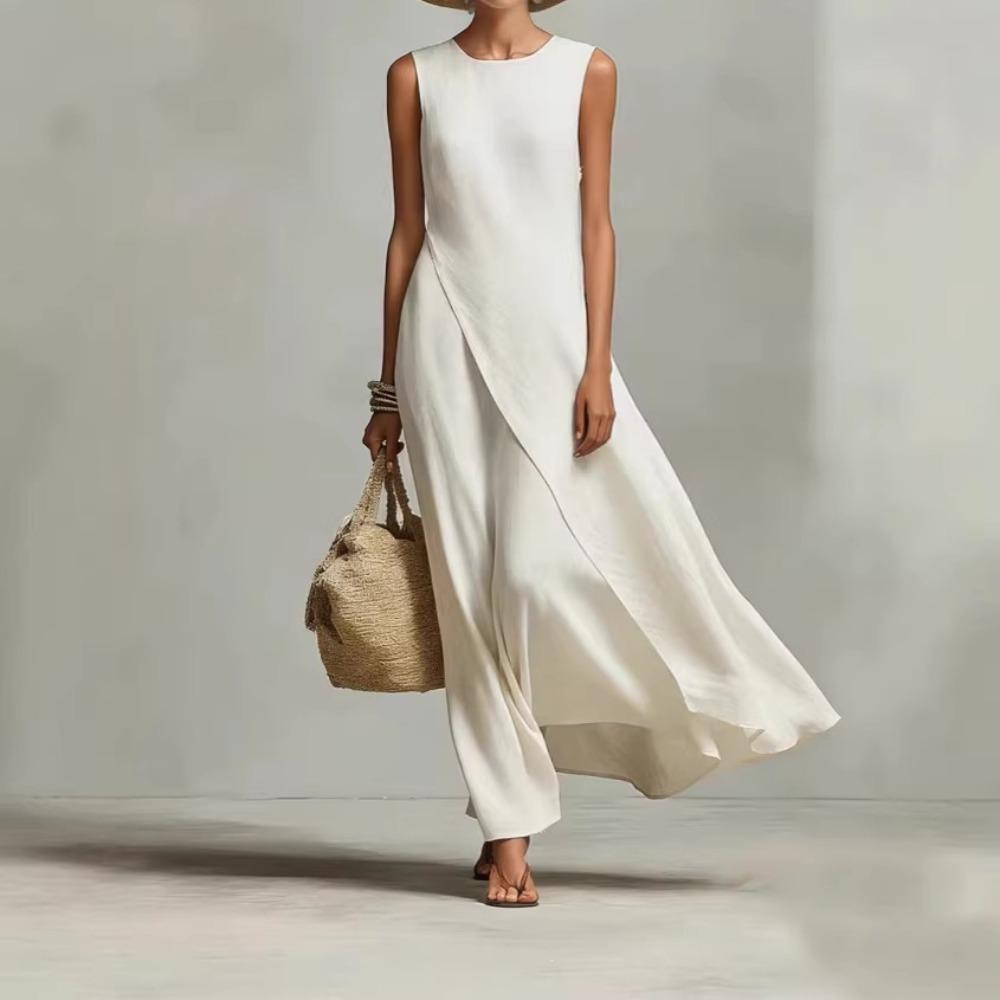 Women's Round Neck Sleeveless Loose Maxi Dress Casual Asymmetric Hem Linen Cotton Long Dress