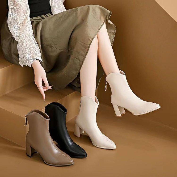 High Heels Women's Thick Heel Pointed Short Boots White Women's Boots 2025 Autumn and Winter New Single Boots French Fashion Thin Boots