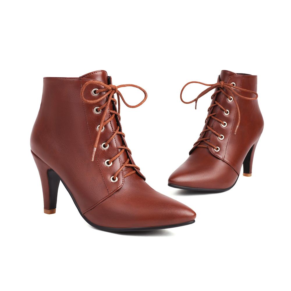 Spring Brown Apricot Women Ankle Boots Pointed Toe Lace up High Heel Small Big Size 33 47