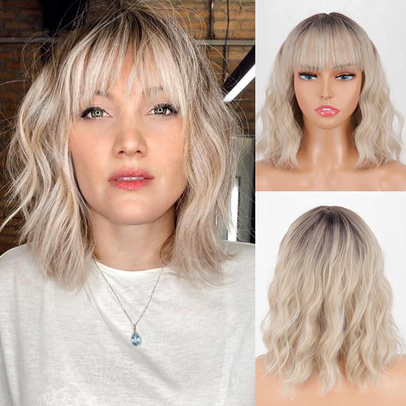 MERISIHAIR Women Short Bob Natural Wavy Pink Wig with Bangs Synthetic Fiber Short Water Wave Wig Daily Wear Cosplay