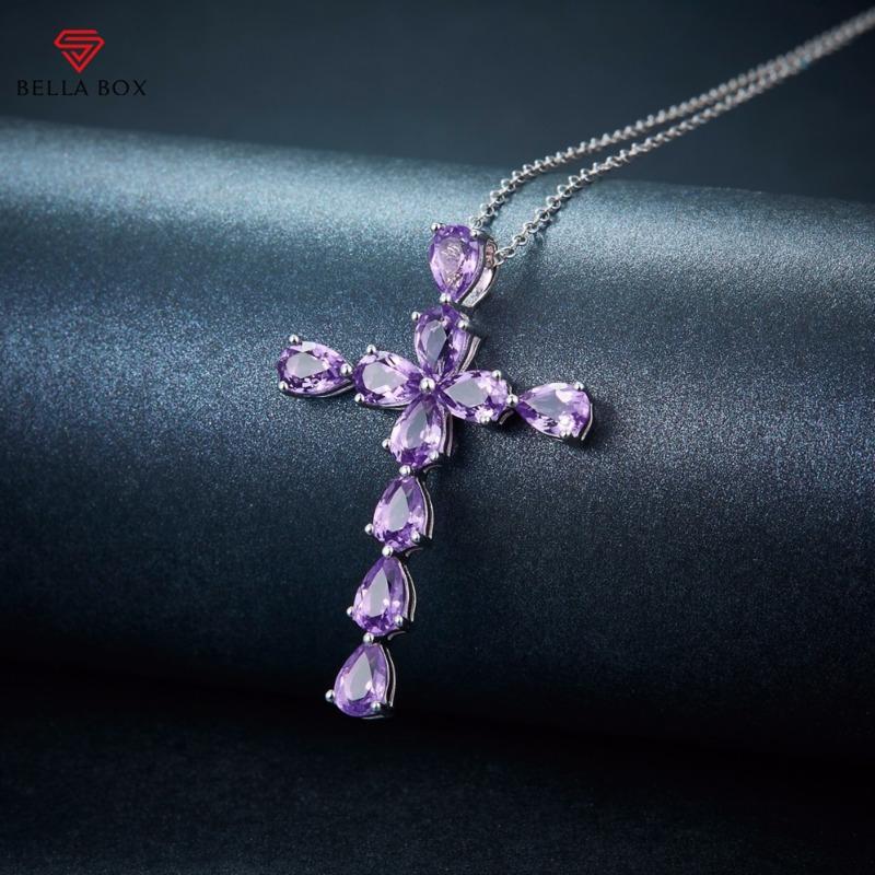 BELLA BOX Women's Collarbone Necklace With 925 Silver Plated Natural Colored Gemstone Cross Pendant With Amethyst