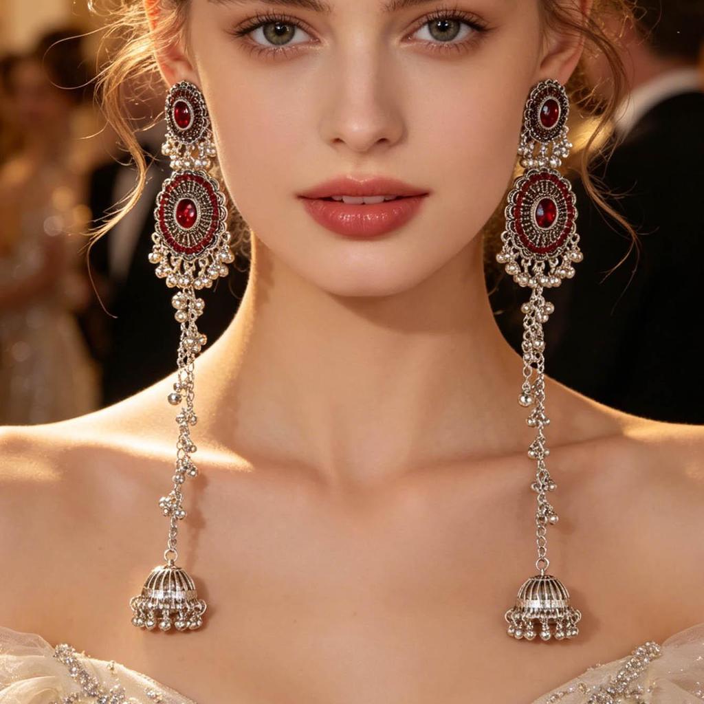 Indian Style Rhinestone Tassel Earrings with Oval Crystal