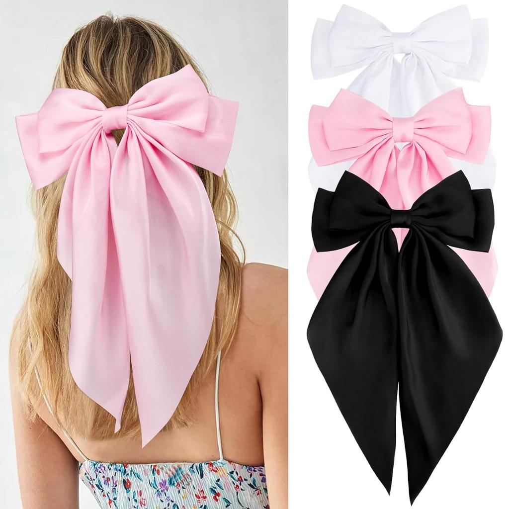 3Pcs Women Elegant Bow Ribbon Hair Clips Solid Color Satin Bowknot Clips Girls Korean Hairpins Party Headdress Hair Accessories