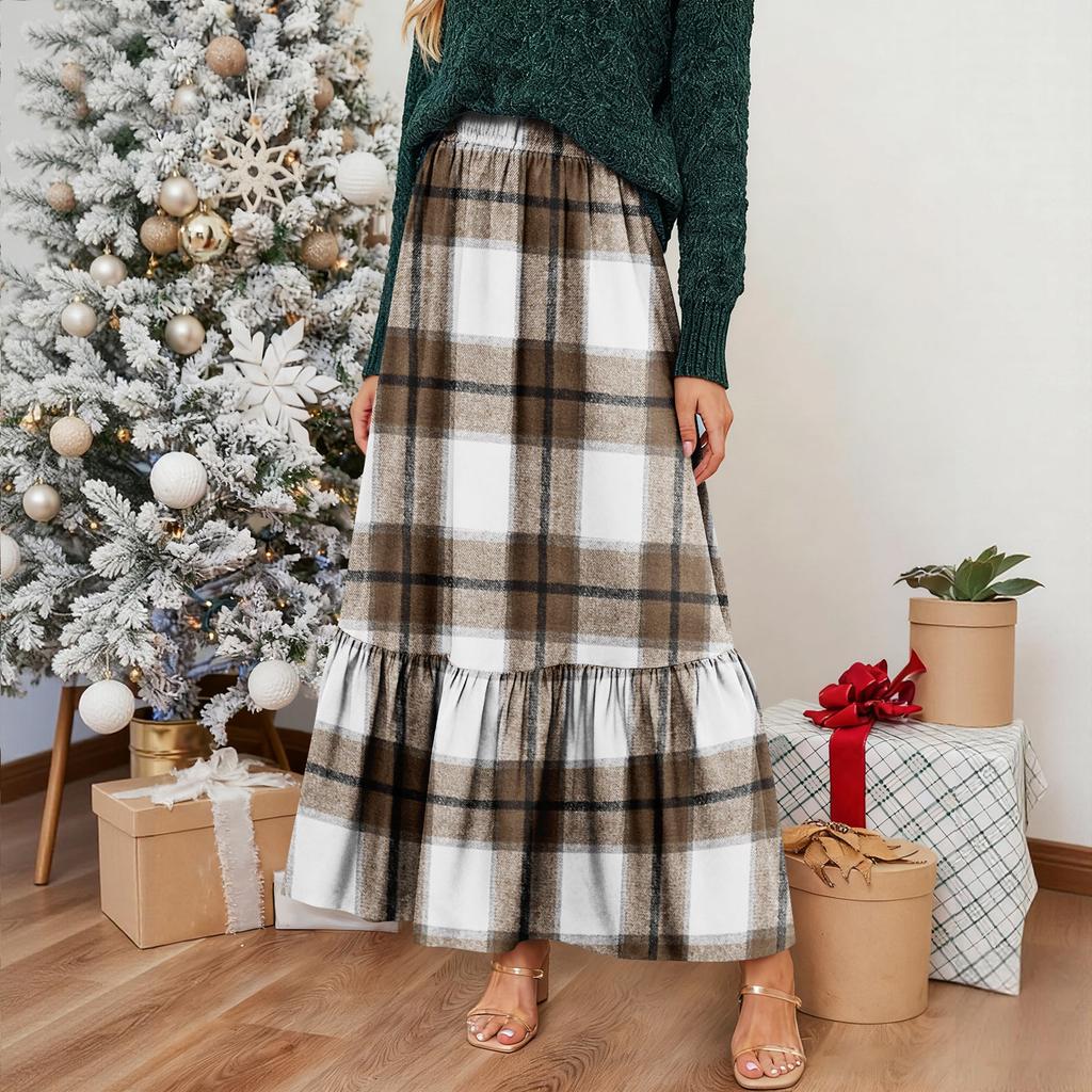 Women's Ruffled Casual Long Skirt Plaid Skirt Retro Pleated Skirt