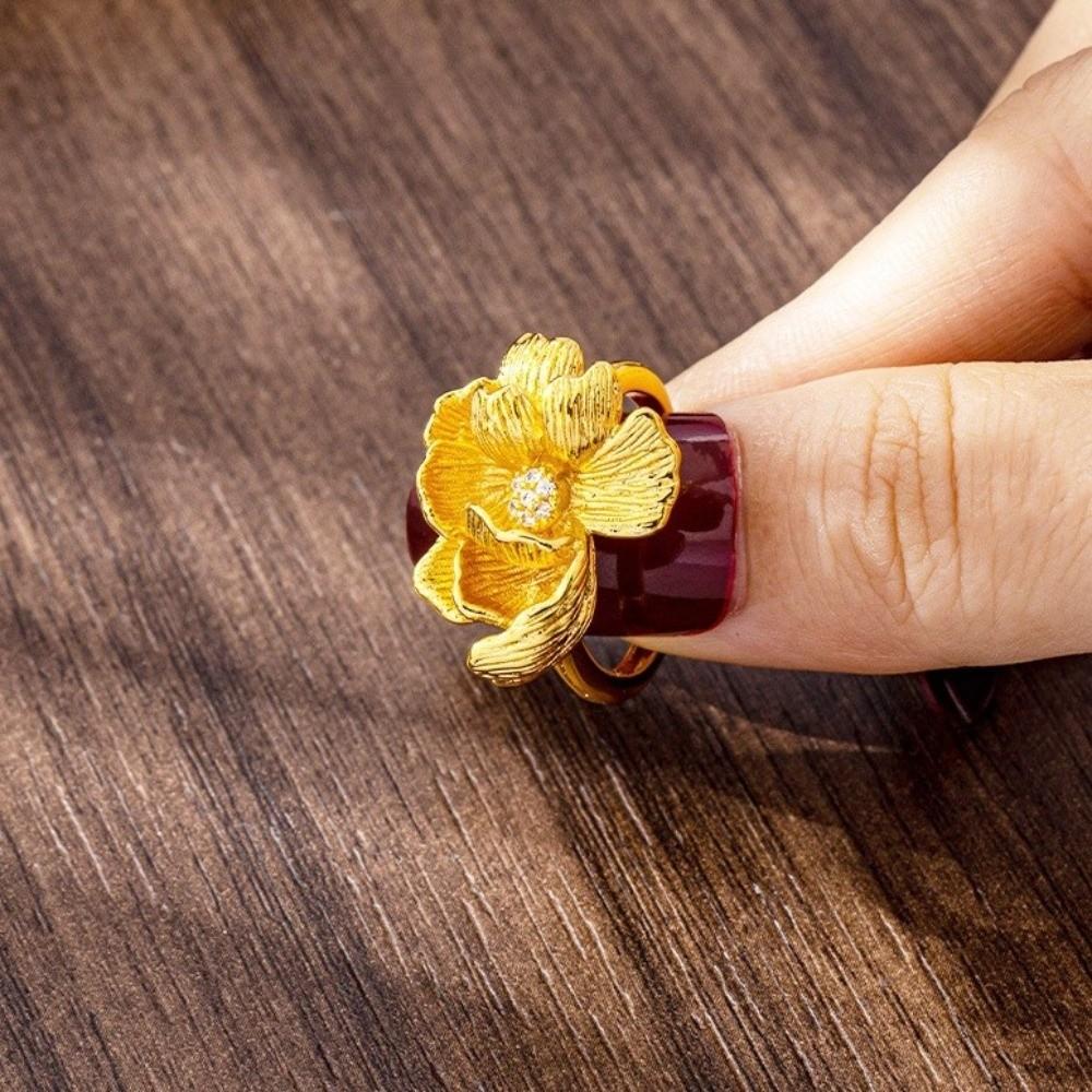 Gold Plated Floral Adjustable Ring Copper Gold Jewelry Accessories Peony Rhinestone Rings  Wedding