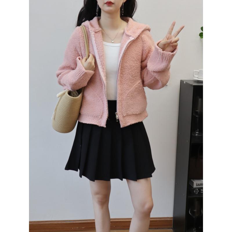 

Осень и зима новый кардиган вязаный на молнии с капюшоном, мягкий восковой короткий повседневный универсальный темпераментный свитер-куртка женский One size розовый