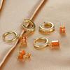 3PCS Fashion Sparkling Orange Zircon Drop Earrings Set for Women 18K Gold Plated Geometric Square Piercing Earring Party Jewelry