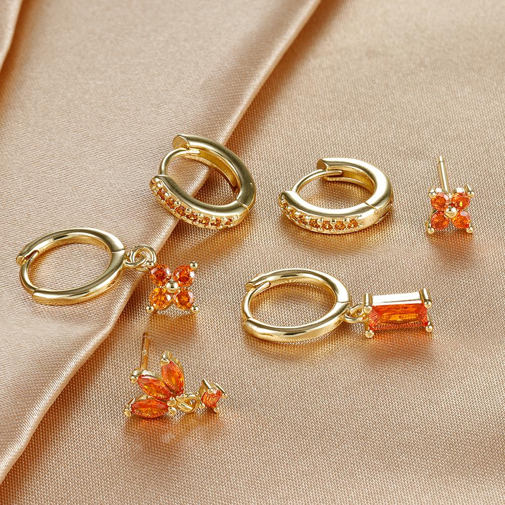 3PCS Fashion Sparkling Orange Zircon Drop Earrings Set for Women 18K Gold Plated Geometric Square Piercing Earring Party Jewelry