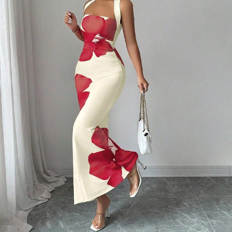 Elegante abito lungo da donna con stampa floreale da appendere al collo, vestibilità aderente che abbraccia i fianchi, abito a coda di pesce per le vacanze estive