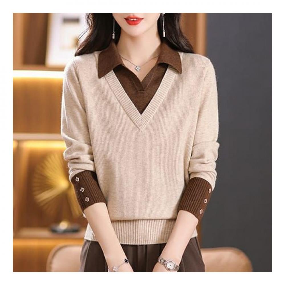 Navava Casual Simple Two In One Long Sleeve Collar Knit Nk1630