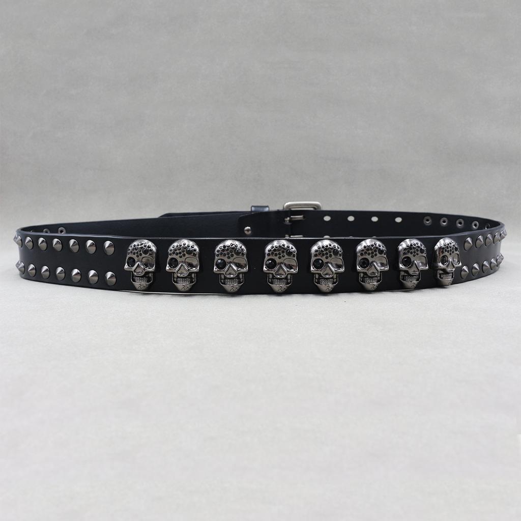 New Pure Cowhide Personalized Rivet Belt Skull Spike Decoration Trendy Denim Pin Buckle Punk Belt