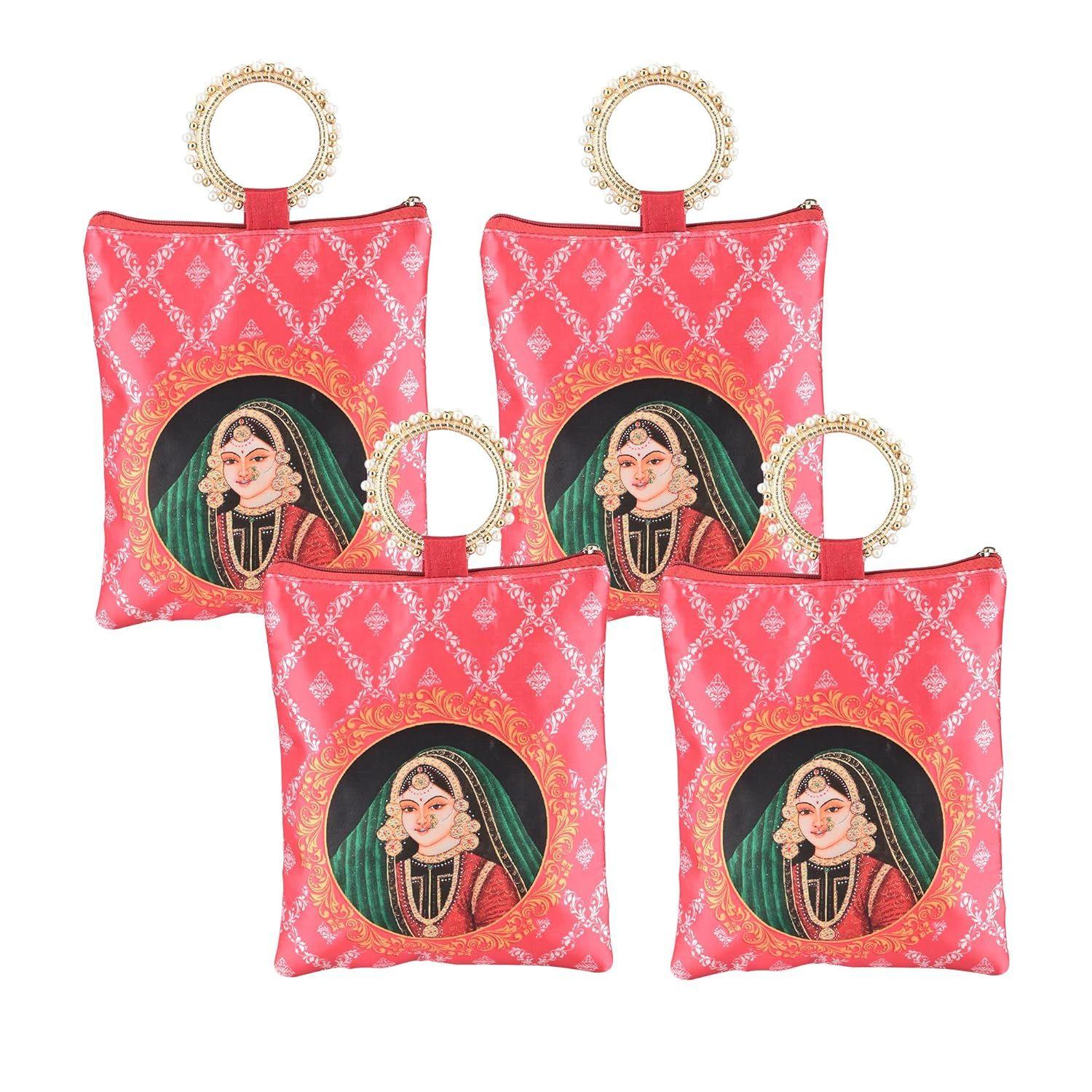 

4 Pcs Silk Small Hand Bags for Women Stylish with Zip & Handle | Traditional Handheld Bags for Women | Ethnic Ladies Purse Handbag for Return Gifts