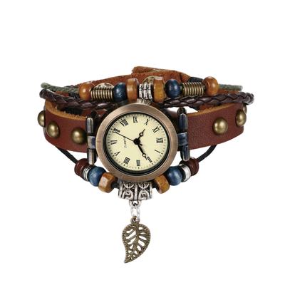 Antique Women's Leather Bracelet Watch with Multi-Wrap Bracelet, Prayer Beads, Braided Leaves, Roman Numerals, Analog, Casual, Perfect for Birthdays,