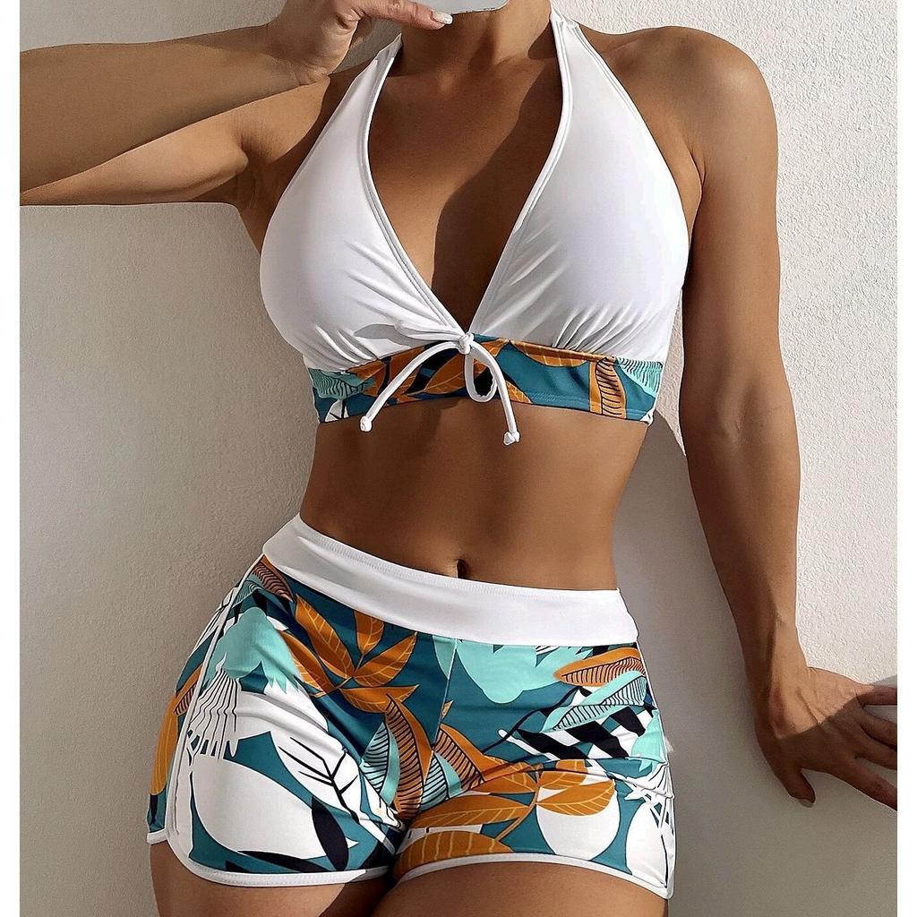 Dames Bikini Badpak Set Sexy Hoge Taille Strandshorts Strik Rugloos Ondergoed Tropische Stijl Strandkleding voor Zwemmen en Surfen