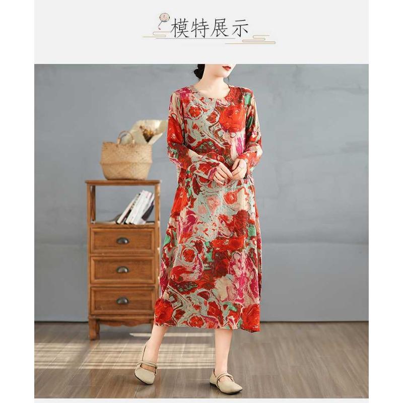 2025 Retro Printed Round Neck Long Sleeve Patchwork Dress Women