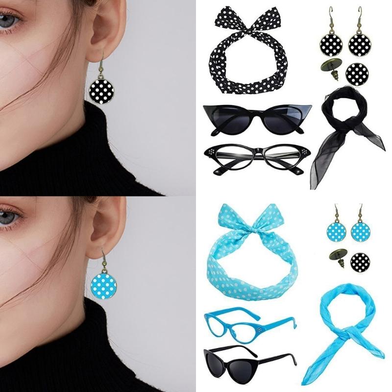 1950's Womens Costume Accessories 50s Scarf Cats Eye Glasses Bandana Tie Polkas Dot Headband Drop Earrings for Halloween
