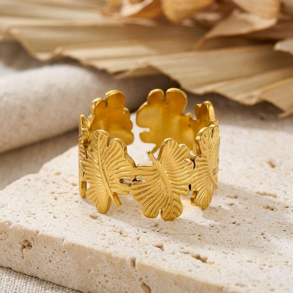 INSSGG Elegant Maple Leaf Adjustable Ring: Textured Hollow Tree Leaf Design