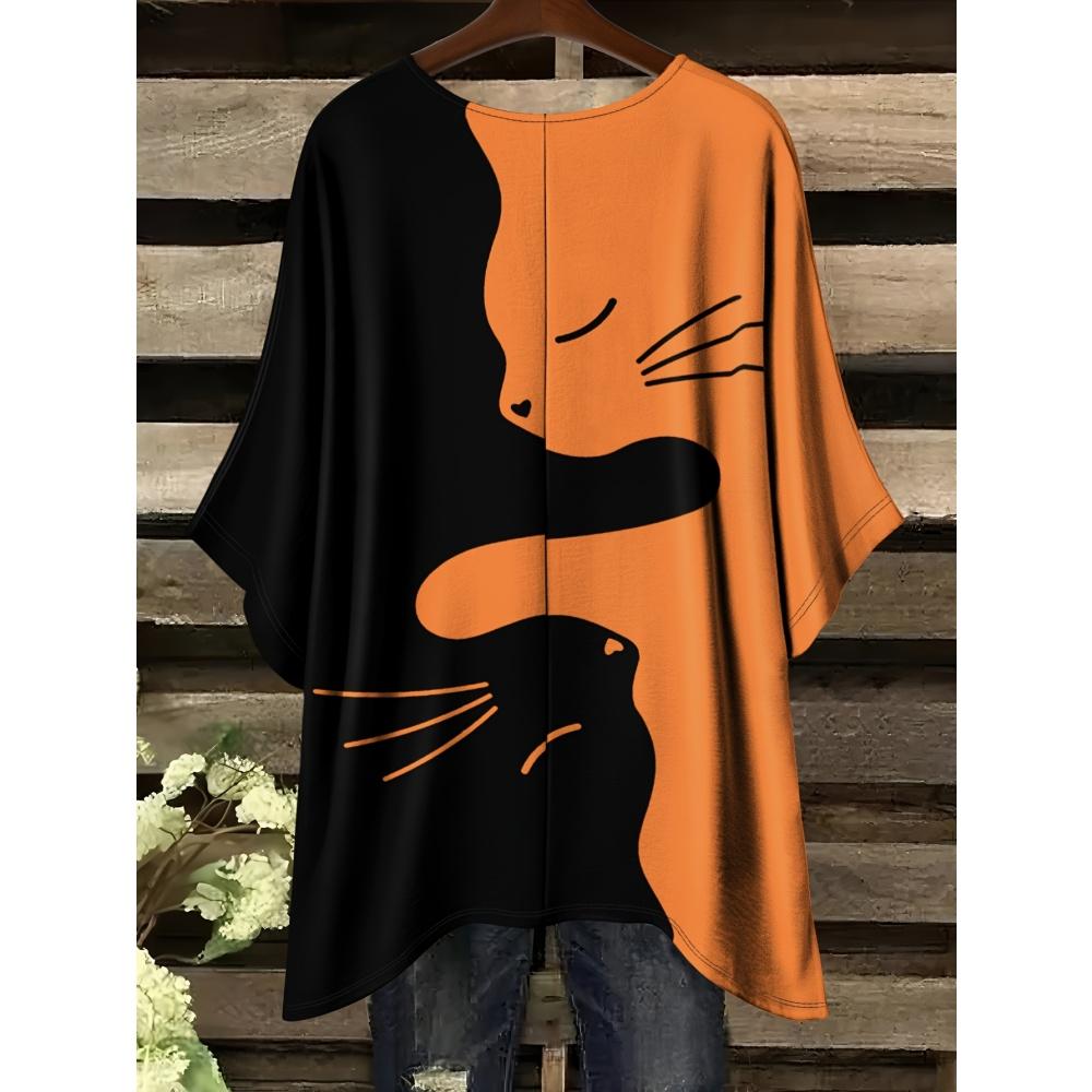 

Женская футболка Мода Принт черного кота Повседневная Свободная Круглый вырез Короткий рукав Футболки Топы Летняя Уличная Удобная Женская одежда XL