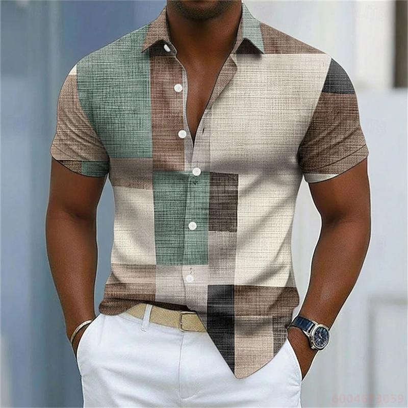 Nuova Camicia da Uomo a Maniche Corte Stampa a Righe Curve Bianche e Blu Vestibilità Business Casual Collo a Revers Camicia da Uomo