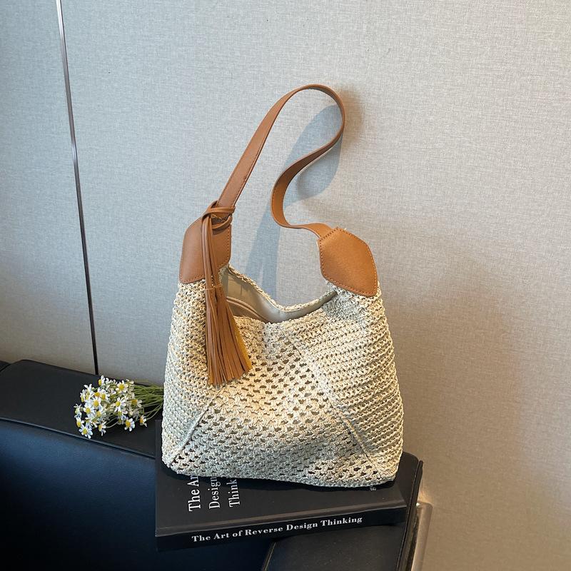 

Casual Woven Tassel Women s Tote Bag 2025 New Shoulder Bag Exquisite Matching Women s Handbag Shopping Bag Bolsas De Mujer бежевый