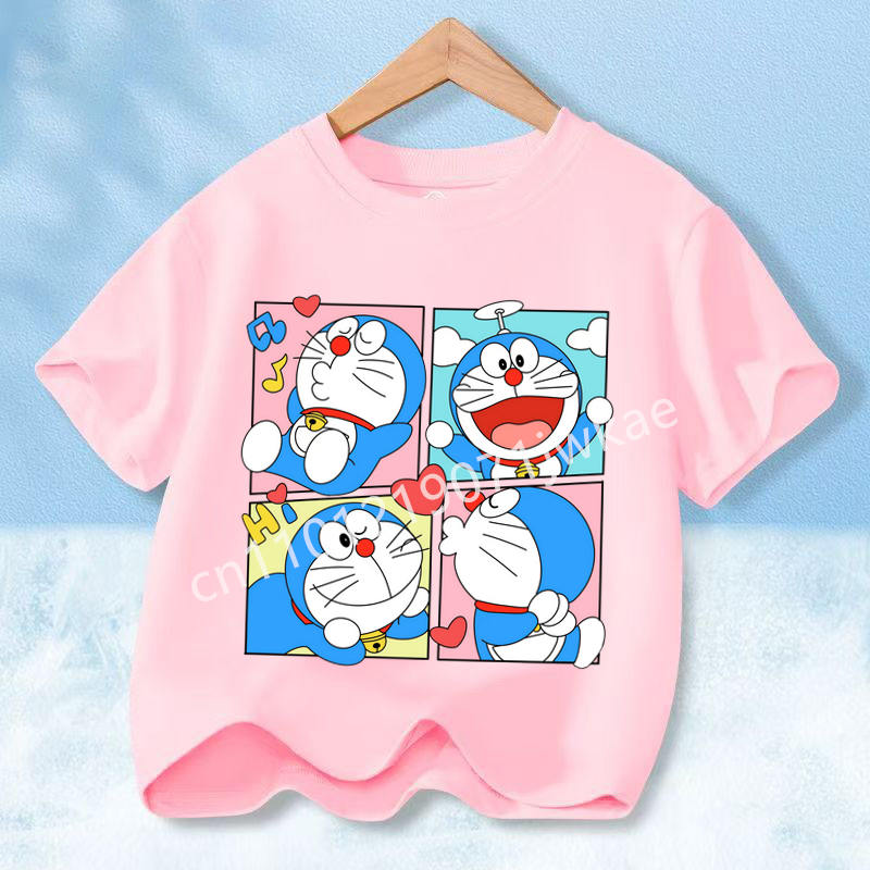 Doraemon Colorful T-shirt Printed Short-sleeved Outdoor Simple Comfortable Pullover Tops Summer Clothes Casuals Round Neck Shirt