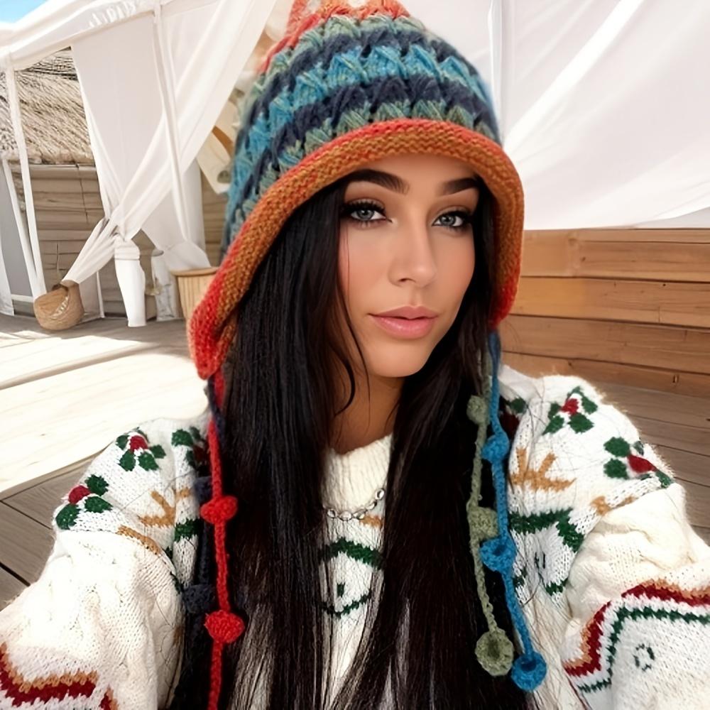

Женская утепленная теплая вязаная шапка с красочным полосатым принтом, удобная ветрозащитная дорожная шапка с защитой ушей