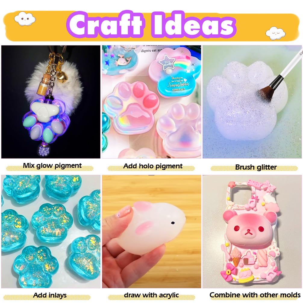 FUNSHOWCASE Kit squishy handmade Set squishy din rășină cu mucegai pentru labe și pudră de flocat DIY pentru ameliorarea stresului jucărie pufoasă pentru stoarcere moale pentru copii