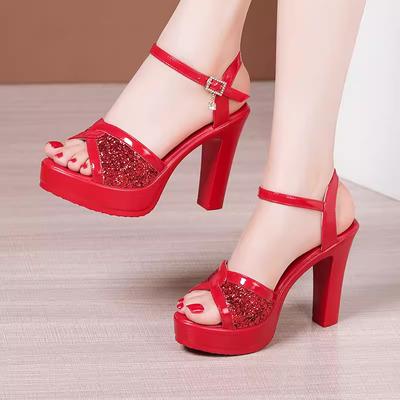 Fashion Small Size 32-43 White Red Bling Wedding Shoes Woman High Heels Sandals 2025 Summer Women's Buckle Platform Sandals