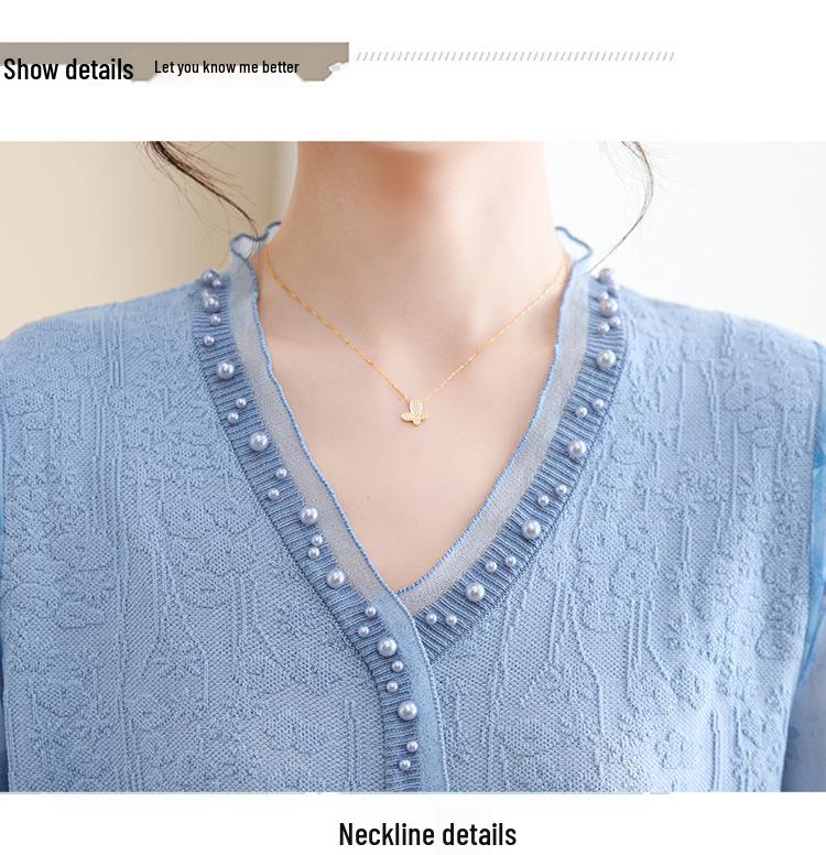 Mom's Stylish Sheer V-Neck T-Shirt for Middle-Aged and Elderly Women, Lightweight Knit Top with Seven-Point Sleeves