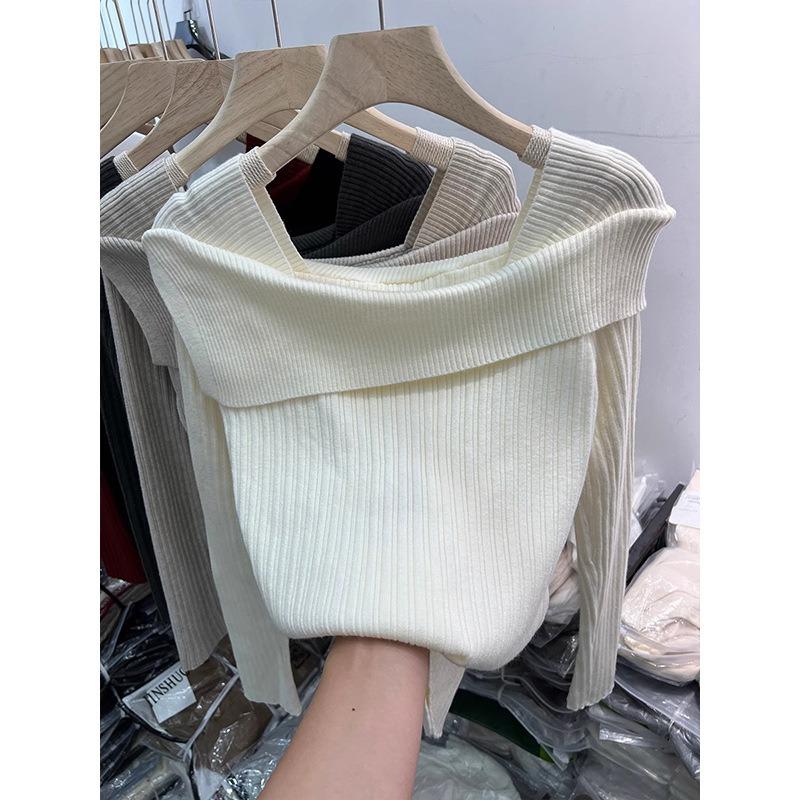 One-word shoulder top women's spring irregular slim-fit Spice Girls knitted sweater niche chic bottoming shirt