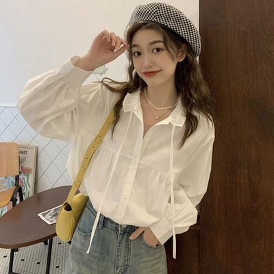 Women Korean Style Puff Sleeves Shirts Office Ladies Blouses Elegant Button Top