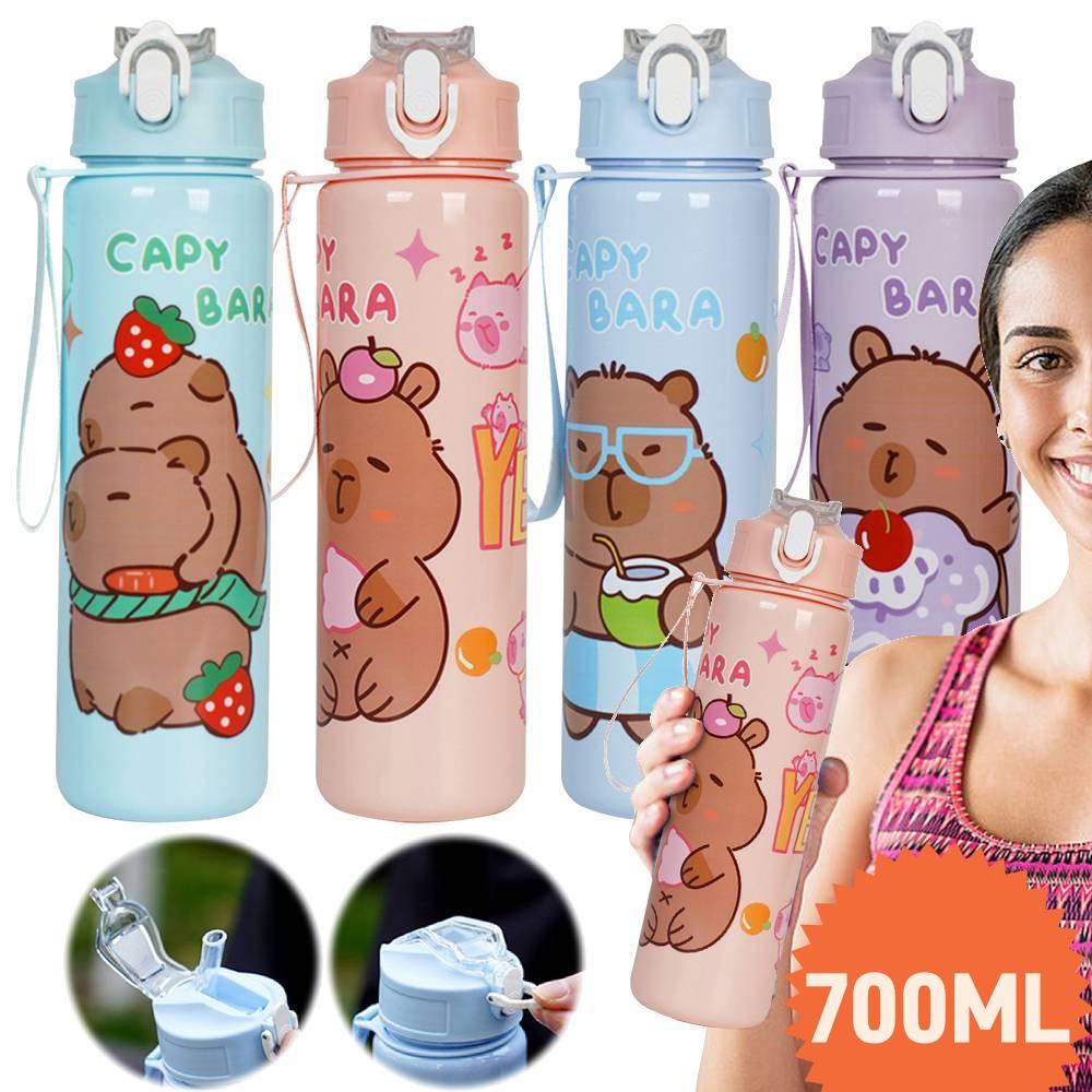 700ml Capybara Plastic Water Bottle Leakproof Cute Drink Bottle with Straw and Carry Strap for Outdoor Camping Drinking Tools