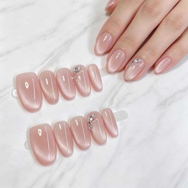 10Pcs Handmade Almond Cat Eye Nails Sweet Nude Pink Press On Nails High Quality Fake Nails Gift For Girls