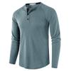 European and American Style Men’s Solid Waffle Henley Shirt Long Sleeve T-shirt Buttoned Round Neck Top