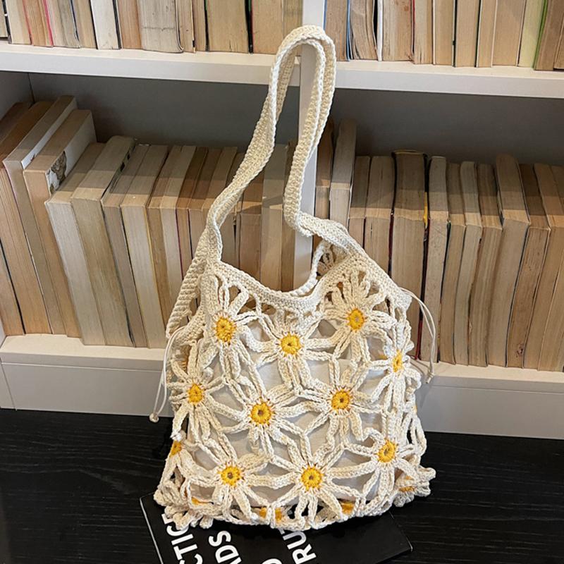Yogodlns Neue vielseitige gewebte Stroh-Umhängetasche für Damen, handgefertigte gewebte Tasche mit Blumenmuster und Hohlmuster für Damen, Strandtasche für den Urlaub am Meer