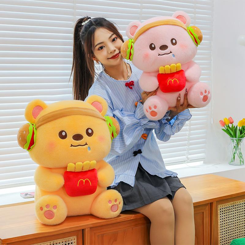 Large cartoon Internet celebrity plush toy hamburger fries bear cute doll wearing headphones soft and cute little yellow bear pillow